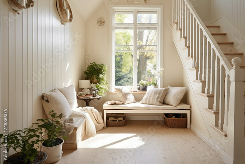 Beige staircase leading to a cozy Scandinavian-style window nook.