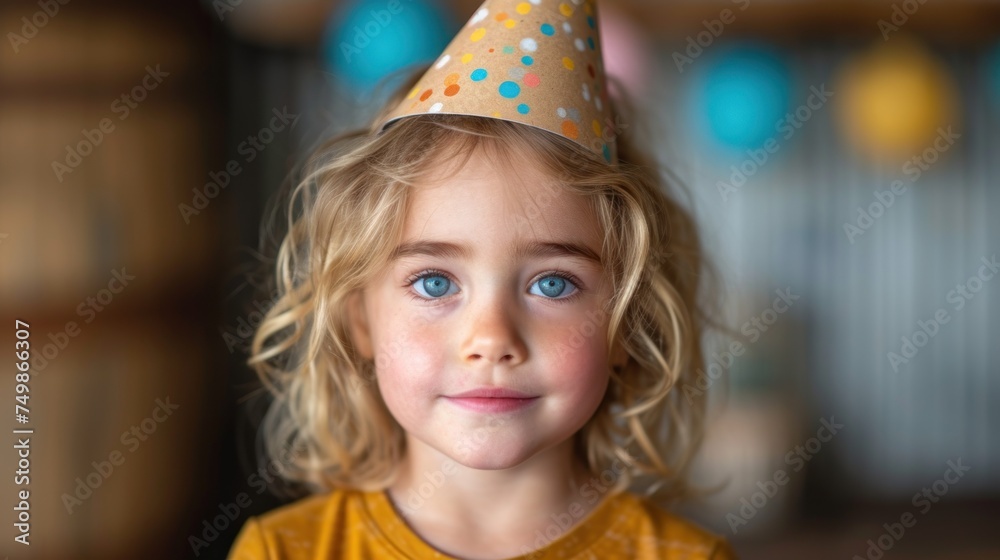 a close up of a child wearing a party hat with polka dots on it's head and a yellow shirt with blue eyes and a wooden barrel in the background. a close up of a child wearing a party hat with polka dots on it's head and a yellow shirt with blue eyes and a wooden barrel in the background.