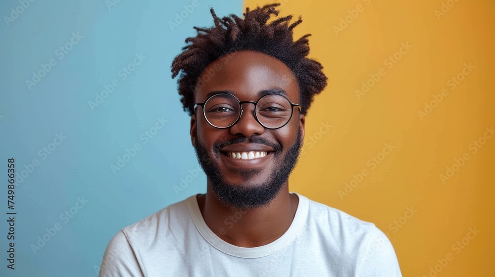 a close up of a person wearing glasses and a white t - shirt with a yellow and blue wall in the background and a yellow and blue wall behind him. - obrazy, fototapety, plakaty 