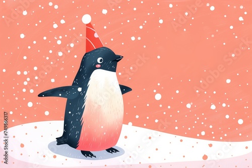 a greetings card for a happy birthday. a color drawing illustration of a cheerful penguin celebrating a personal holiday with a cake, balloons and presents. A postcard template