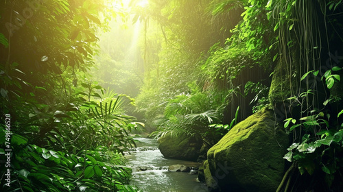 Pretty Rainforest Jungle Banner Background Wallpaper Landscape. Generative Ai photo