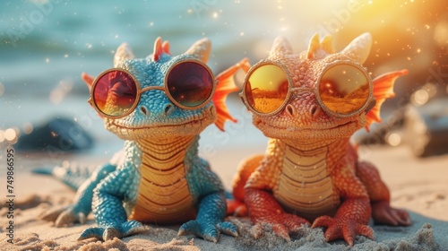  two toy lizards wearing sunglasses sit on the sand at the beach with the sun shining through the lens of the one in the foreground, and the second one in the foreground.