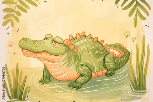 a greetings card for a happy birthday. a color drawing illustration of a cheerful green crocodile celebrating a personal holiday with a cake with candles, balloons and presents. A postcard template
