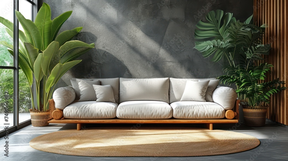 a living room with a couch, potted plants, and a round rug in front of a wall that has a large painting of a palm tree on it. a living room with a couch, potted plants, and a round rug in front of a wall that has a large painting of a palm tree on it.