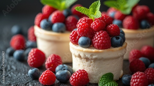  raspberries, blueberries, and raspberries are arranged in small cups on a black surface with mint leaves on top of the cupcakes and berries.
