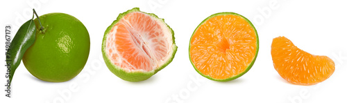 Fresh green tangerines isolated on white, collage
