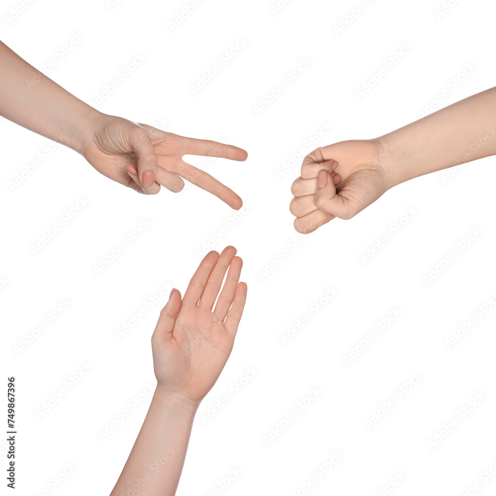 People playing rock, paper and scissors on white background, top view