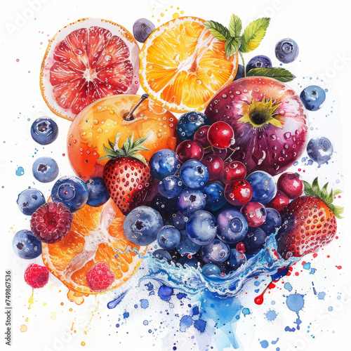 A lively and colorful watercolor painting featuring a mix of citrus slices and fresh berries with a splash effect.