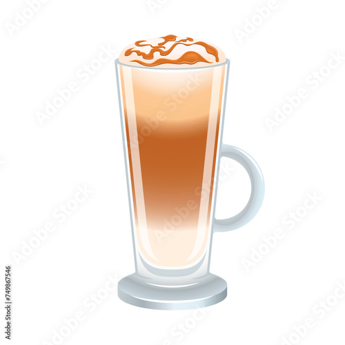 Latte with caramel syrup vector illustration. Latte with froth milk icon vector isolated on a white background. Coffee in a tall glass with a handle graphic design element