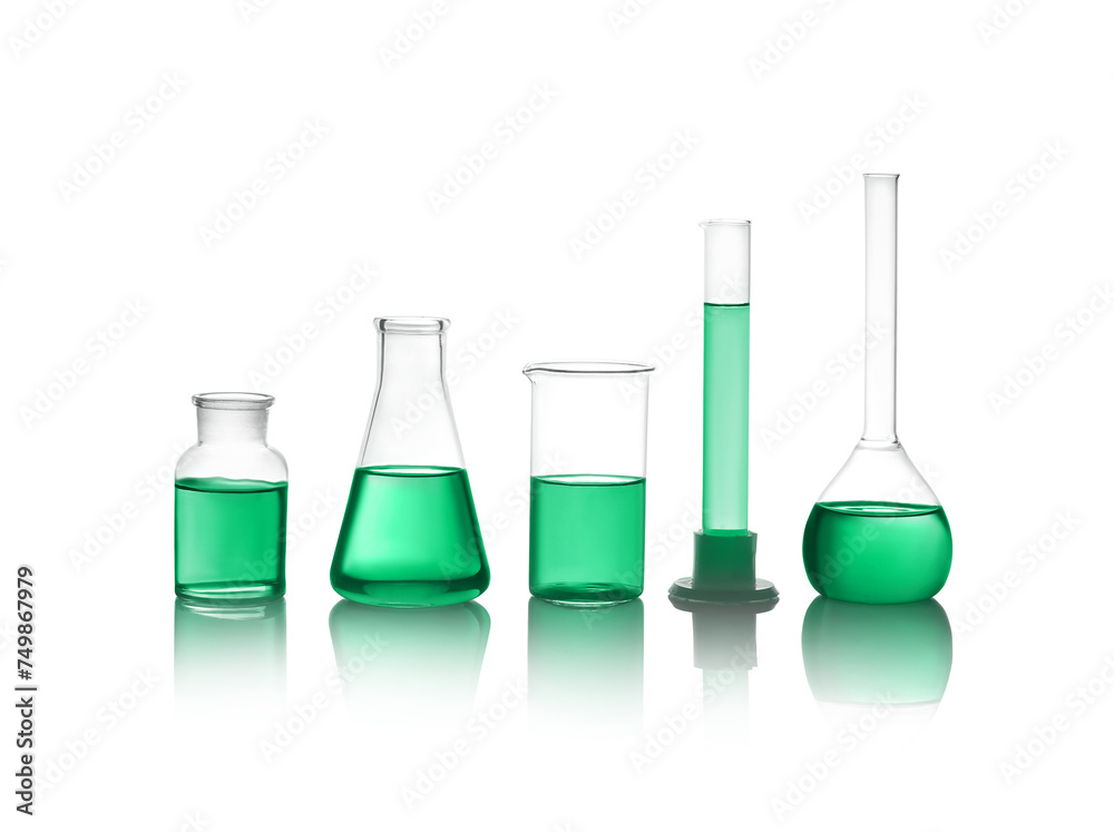 Laboratory glassware with green liquid isolated on white Laboratory glassware with green liquid isolated on white