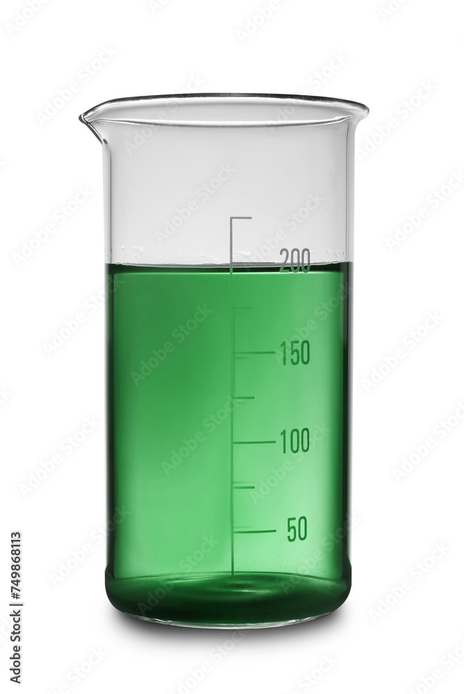 Beaker with green liquid isolated on white. Laboratory glassware Beaker with green liquid isolated on white. Laboratory glassware