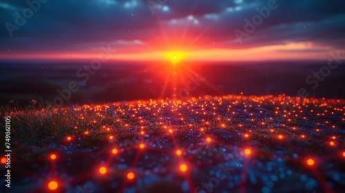  the sun is setting over a field of grass with bright lights on the grass and in the distance is a blue sky with white clouds and red and yellow stars.
