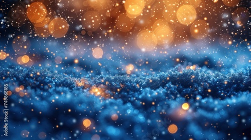  a blurry image of a blue and gold background with boke of lights and snow flakes in the foreground and a blurry image of a blurry image of a gold and blue background in the foreground.