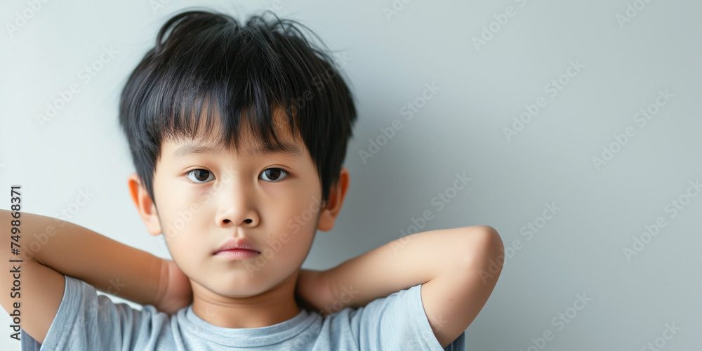 Young Asian boy with a curious expression, hands behind head against a soft grey background Young Asian boy with a curious expression, hands behind head against a soft grey background