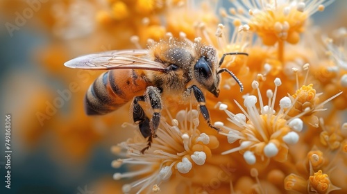 a close up of a bee on a plant with yellow flowers in the foreground and a blue sky in the background, with white and yellow flowers in the foreground.