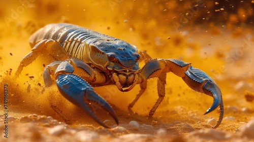  a close up of a blue and yellow crab on a sandy beach with water splashing on it's back and it's front legs and back legs.