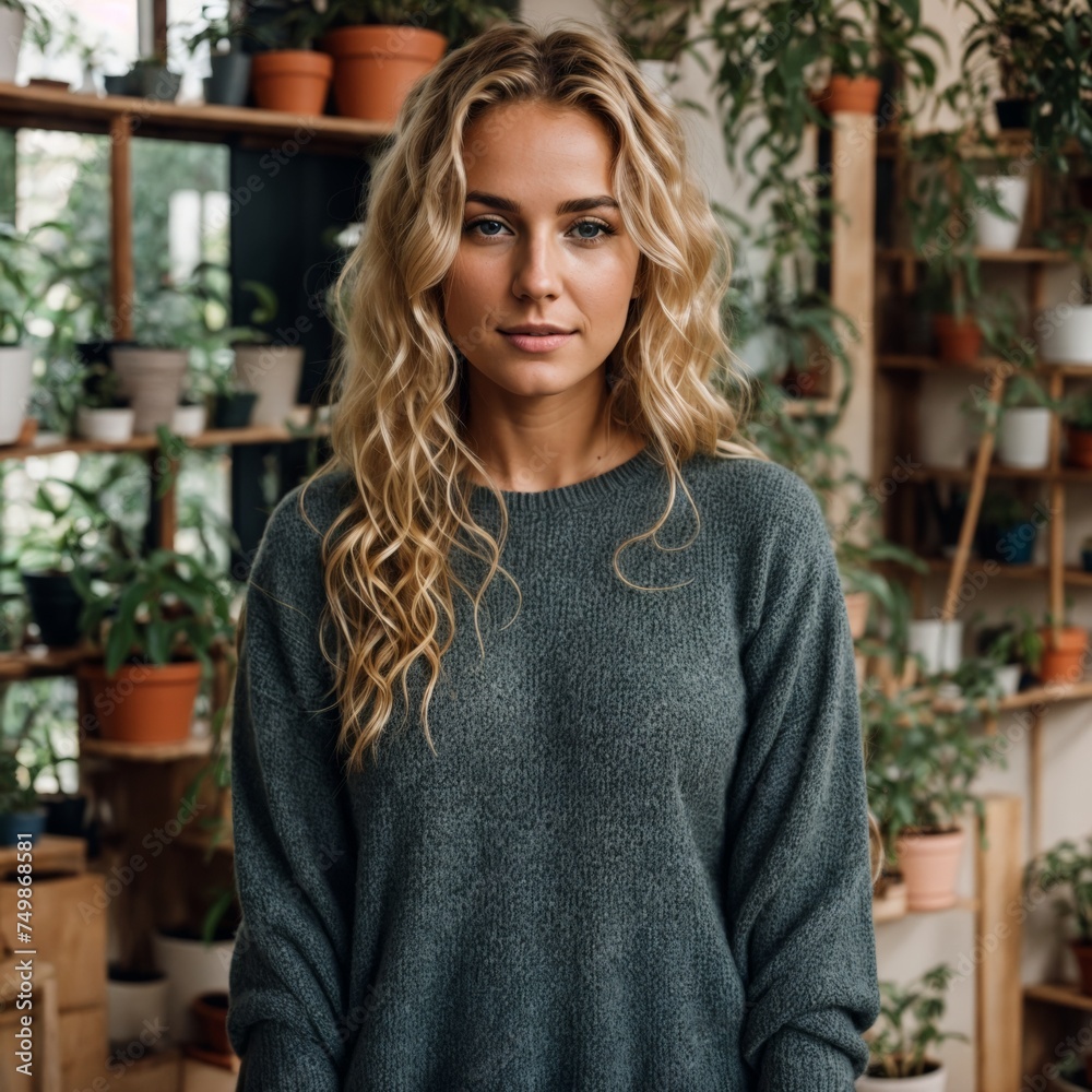 Wavy-haired woman stands confidently in plant-themed workshop 