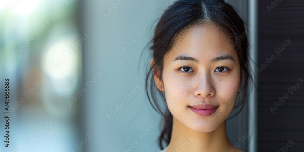 Gentle Asian woman with a soft smile, her hair lightly tousled, and a blurred modern background Gentle Asian woman with a soft smile, her hair lightly tousled, and a blurred modern background