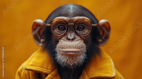  a monkey with glasses on it's head and a yellow jacket over it's shoulders, wearing a yellow jacket and a pair of glasses on its head.