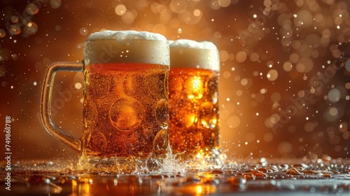  two mugs of beer on a table with water splashing on the table and boke of light shining on the table and boke boke of the background.