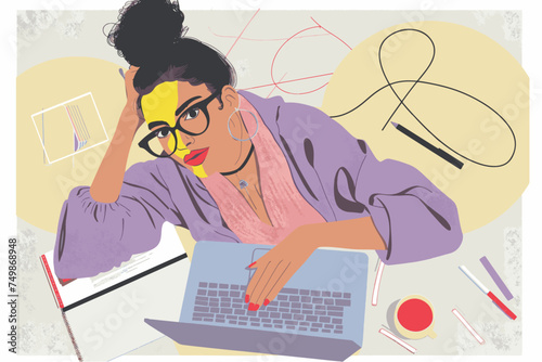 Abstract vector illustration of a young woman working on a laptop