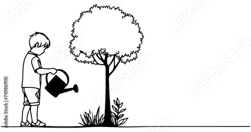 Continuous one black line art drawing Silhouette of children watering a tree. planting tree to save the world and earth day reduce global warming growth concept vector illustration on white background