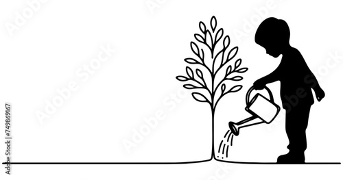 Continuous one black line art drawing Silhouette of children watering a tree. planting tree to save the world and earth day reduce global warming growth concept vector illustration on white background