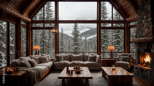 Winter scene of cozy cabin with tree views in the snow-covered mountains  photo