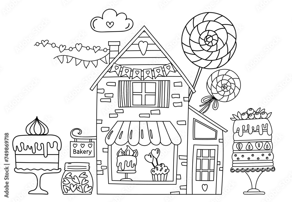 Coloring Page - Sweet Bakery Illustration With Lots Of Sweets, Cakes, Candies - Coloring Book For Children