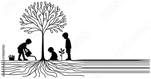Continuous one black line art drawing Silhouette of children watering a tree. planting tree to save the world and earth day reduce global warming growth concept vector illustration on white background