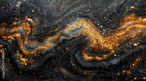 Abstract background with gold glitters. Black backdrop with floating glowing golden particles.