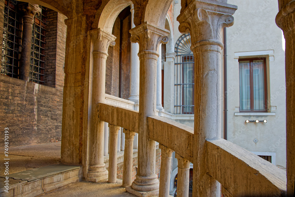 VENICE, ITALY, February 3, 2024 : The Palazzo Contarini del Bovolo, a small palazzo in Venice, is well-known for its external multi-arch spiral staircase