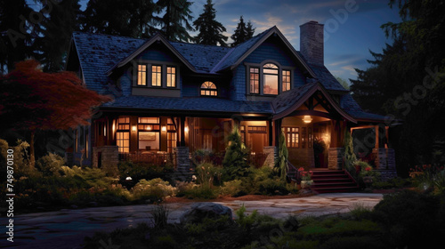 From a high altitude  admire the grace of a traditional craftsman house  its deep mahogany tones enhanced by the moon s gentle radiance.