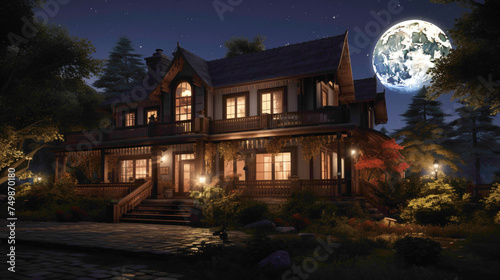 From a high altitude, admire the grace of a traditional craftsman house, its deep mahogany tones enhanced by the moon's gentle radiance.
