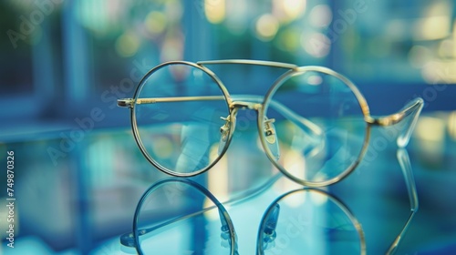 A pair of round, metal-framed eyeglasses elegantly positioned on a reflective glass surface with blurred background.