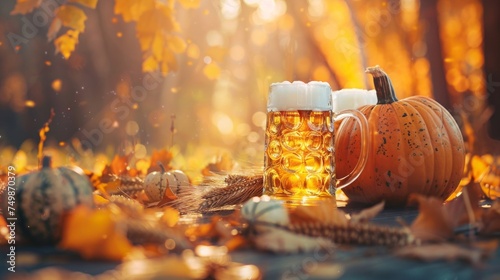 Frothy beer mug beside pumpkins on a wooden table with autumn leaves, conveying a cozy fall atmosphere.