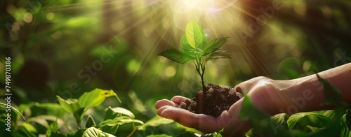 Panorama of small trees planted in hands. The sun shines among the green trees. Green world and earth day concept, green concept, environment day,There is space for writing banner messages.