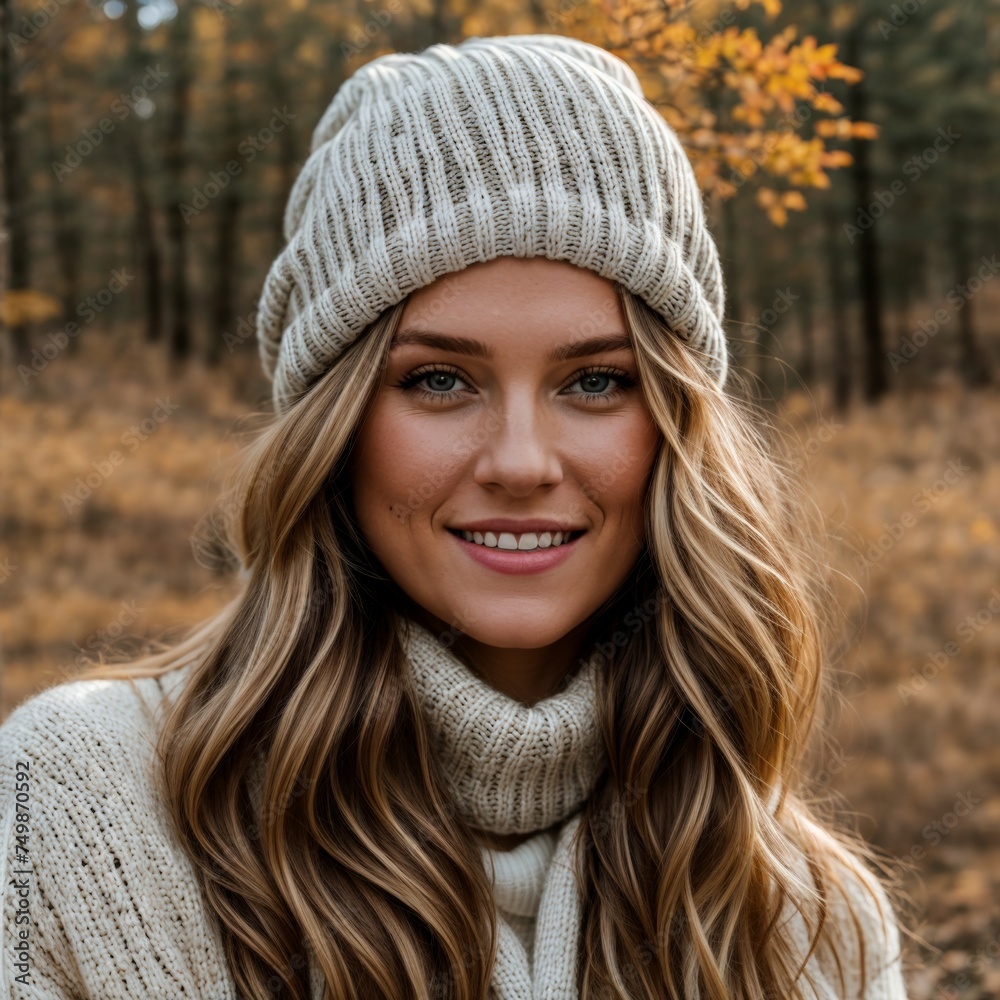 Woman wearing autumn knitwear exudes warmth and comfort Woman wearing autumn knitwear exudes warmth and comfort