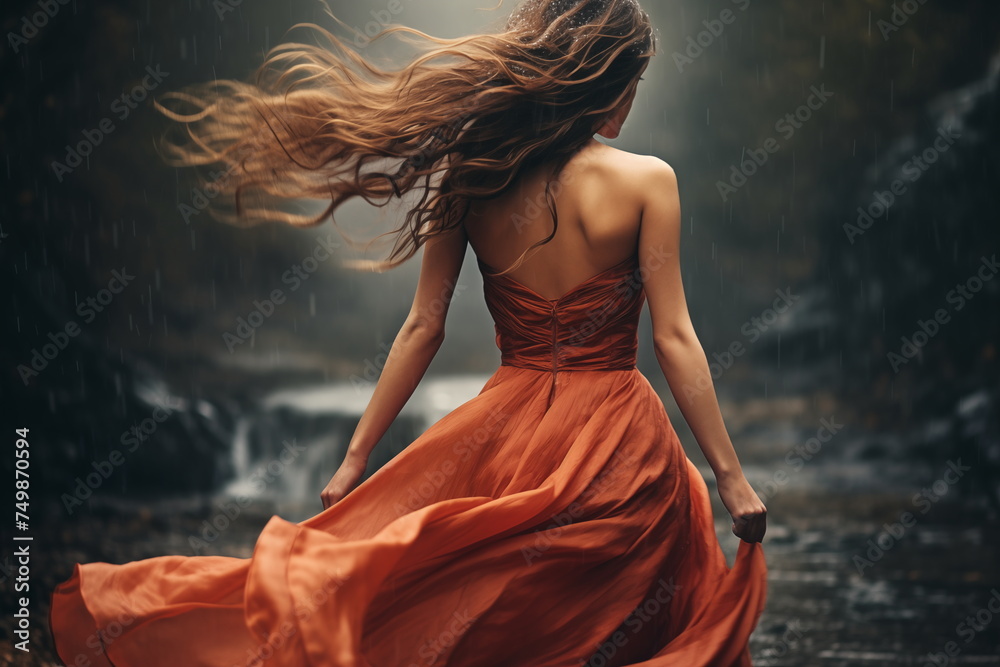 Fototapeta premium A girl in a beautiful dress runs in the rain. In a stunning dress, a carefree girl joyfully runs through the rain, embodying the beauty of spontaneity and the magic of a playful rainfall