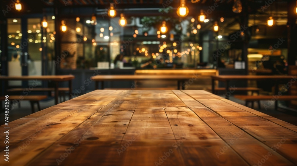 Rustic wooden table foreground with a warm, inviting cafe ambiance and hanging lights.