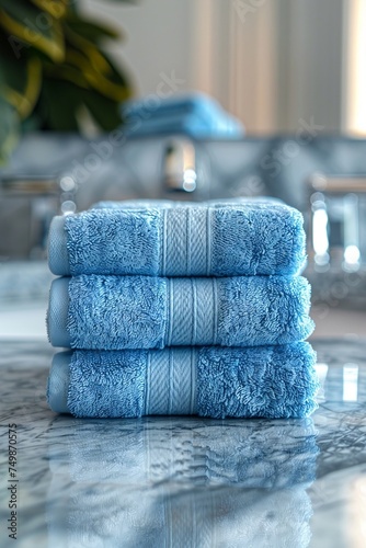 Fresh towels and houseplant on table in bathroom, Stack of fresh towels on table in bathroom