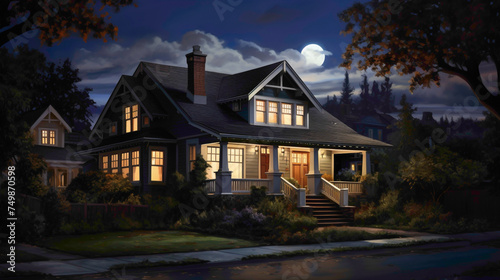 From above, a traditional craftsman house exudes charm with its deep mahogany fa? section ade, bathed in the gentle light of the moon on a tranquil evening.