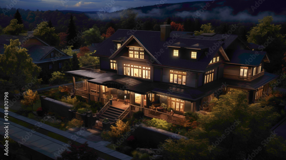 From above, witness the sophistication of a traditional craftsman house, its deep mahogany accents glowing softly under the moon's luminous gaze.