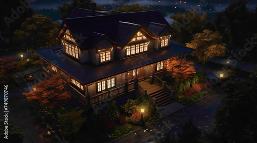 From above, the enchanting aura of a traditional craftsman house exterior, its deep mahogany tones illuminated by the gentle moonlight.