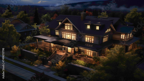 From above, witness the sophistication of a traditional craftsman house, its deep mahogany accents glowing softly under the moon's luminous gaze.