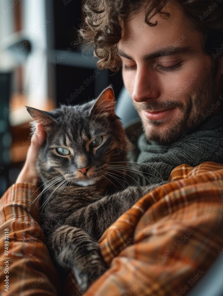 Casual guy wearing relaxed attire sitting in a sleek computer chair tenderly holding a grey and black cat embodying comfort and companionship in a home office setup Casual guy wearing relaxed attire sitting in a sleek computer chair tenderly holding a grey and black cat embodying comfort and companionship in a home office setup
