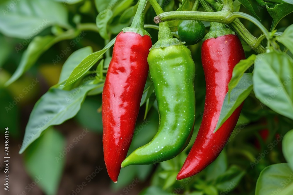 Close-up of red and green chili peppers on a plant