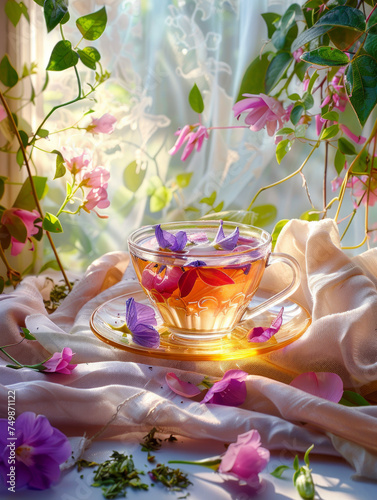 An organic tea cup filled with layered colorblending tea set on a table with a soft pastelcolored cloth surrounded by loose tea leaves and petals creating a serene and harmonious composition photo