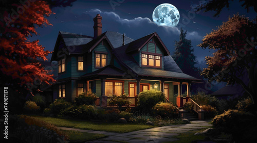 Gaze down upon the peaceful elegance of a classic craftsman house, its deep mahogany exterior glowing softly in the moon's tender embrace.