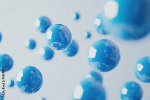 Blue glossy spheres floating on a white background.